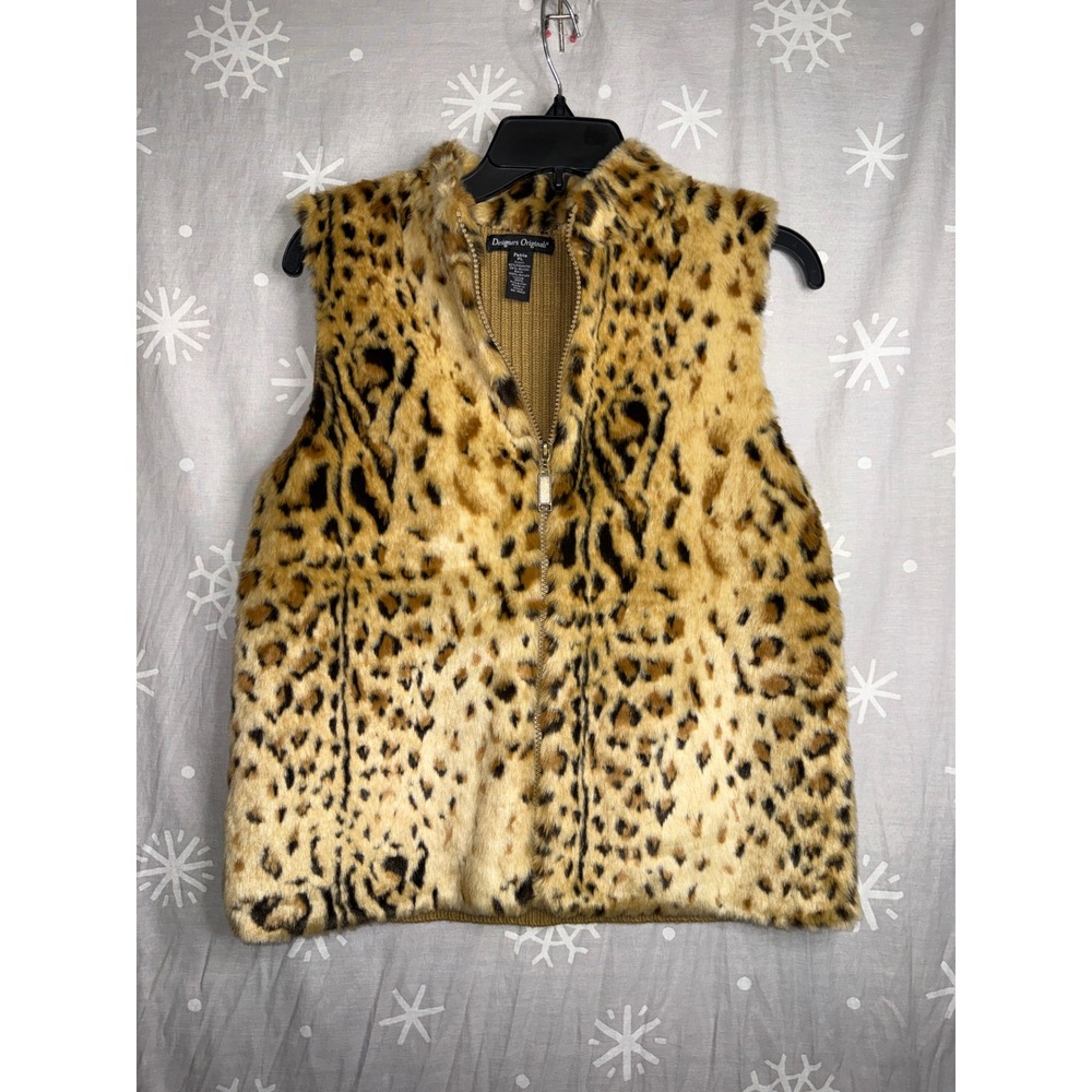 Designers Originals Leopard Faux Fur Vest Ribbed Knit Back Petite Large PL Zip